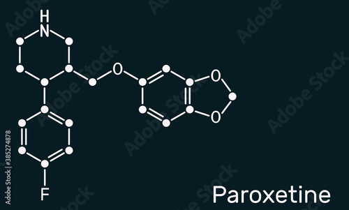 Paroxetine, antidepressant, selective serotonin reuptake inhibitor SSRI, molecule. It is used in the therapy of depression, anxiety disorders. Skeletal chemical formula on the dark blue background