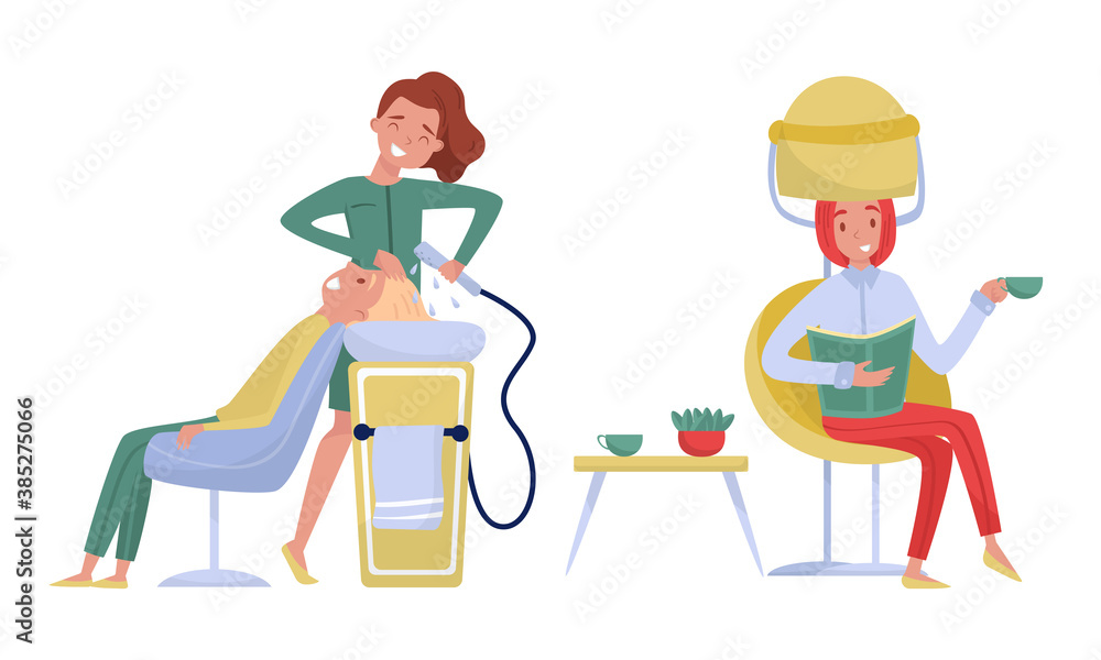 Young Woman in Beauty Salon Washing and Drying Hair Vector Illustration Set Young Woman in Beauty Salon Washing and Drying Hair Vector Illustration Set