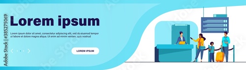 People standing at flight registration counter. Family, baggage, ticket flat vector illustration. Travelling and vacation concept for banner, website design or landing web page