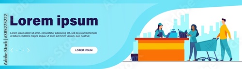 Young people standing near cashier in grocery store. Counter, payment, buyer flat vector illustration. Food, meal and products concept for banner, website design or landing web page