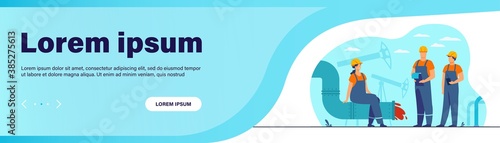 Oilmen and engineers on production line or pipe of petroleum refinery flat vector illustration. Cartoon people working on pipeline. Oil and gas industry concept