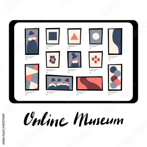Online museum vector mobile application template with hand drawn lettering.