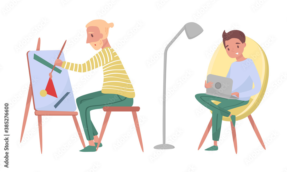 Fototapeta premium Young Man Painting on Drawing Easel and Working at Laptop Vector Illustration Set