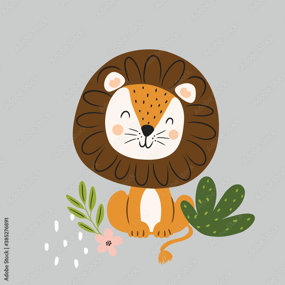 Wildlife animals. Cute lion with simple greens vector illustration ...