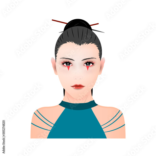 Vector portrait of a Japanese ninja shinobi girl in makeup on a white background photo