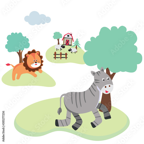 Zebra and lion runing in the field illustration. Creative vector childish background for fabric, textile, nursery wallpaper, poster, card, brochure. Vector illustration background.