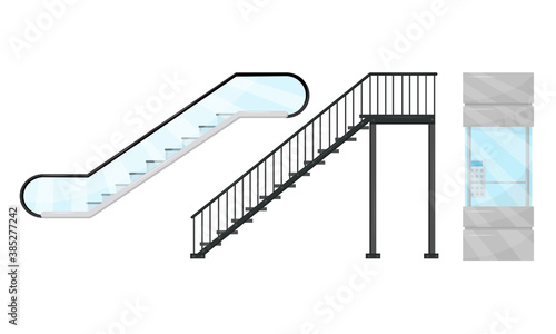 Stairway, Elevator and Escalator as Vertical Distance with Steps Vector Set