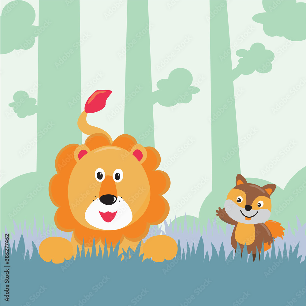Fototapeta premium Lion farm nature background composition with cartoon style Creative vector childish background for fabric, textile, nursery wallpaper, poster, card, brochure. Vector illustration background.
