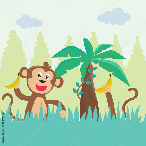 Fototapeta Naklejka Na Ścianę i Meble -  Illustration of a happy monkey with banana. Creative vector childish background for fabric, textile, nursery wallpaper, poster, card, brochure. Vector illustration background.