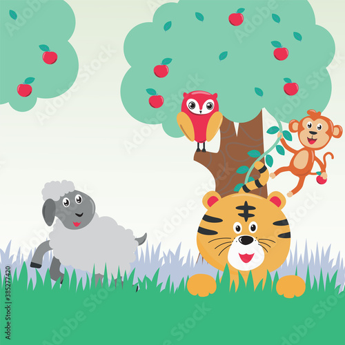 Jungle animals. Vector illustration of tiger  sheep  bird and monkey in the jungle or forest.