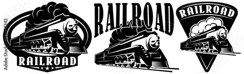 Retro locomotive. A set of templates for design. Monochrome vector illustration
