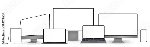 Realistic set of monitor, laptop, tablet, smartphone - Stock Vector illustration.