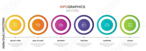 Concept of shopping process with 6 successive steps. Six colorful graphic elements. Timeline design for brochure, presentation, web site. Infographic design layout.