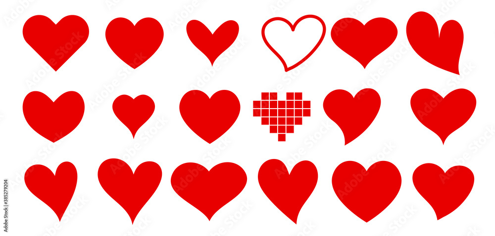 Set of red hearts icons. Vector illustration of simple and hand drawn hearts. Heart red flat cartoon icon set. Set of red hearts icons. Vector illustration of simple and hand drawn hearts. Heart red flat cartoon icon set.