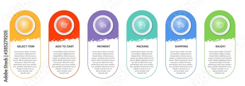 Concept of shopping process with 6 successive steps. Six colorful graphic elements. Timeline design for brochure, presentation, web site. Infographic design layout.