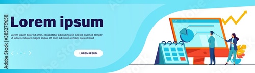 Young tiny analysts preparing monthly report. Calendar, chart, arrow flat vector illustration. Statistics and digital technology concept for banner, website design or landing web page