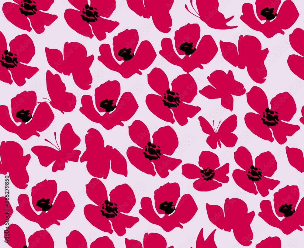Obraz premium Florals and Butterfly Silhouettes Minimal Elegant Pattern Trendy Bright Colors Simple Perfect Pattern Seamless Design for Your Fabric Prints Wrapping Papers