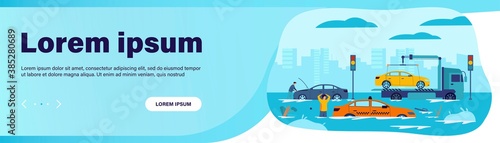 Water flood on city roads. Drivers and tow truck saving damaged cars from heavy rain and storm. Vector illustration for rainfall season, rain period, natural disaster concept