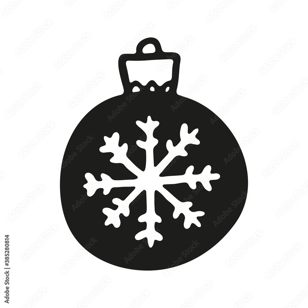 Obraz premium Christmas ball icon. Black silhouette. Ink sketch drawing. Vector flat graphic hand drawn illustration. The isolated object on a white background. Isolate.