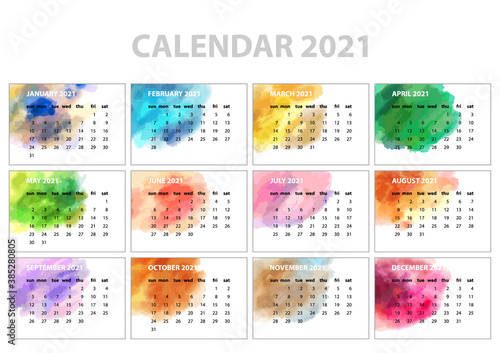 Watercolor calendar wall planner for the 2021 year. Colorful vector set. Template for your design.