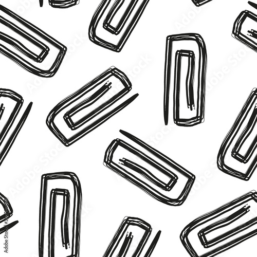 Black ink contour paper clips isolated on white background. Monochrome seamless pattern. Vector flat graphic hand drawn illustration. Texture.