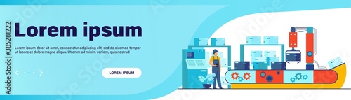 Worker watching conveyor with boxes isolated flat vector illustration. Cartoon man standing in warehouse with automation process. Manufacture and factory concept
