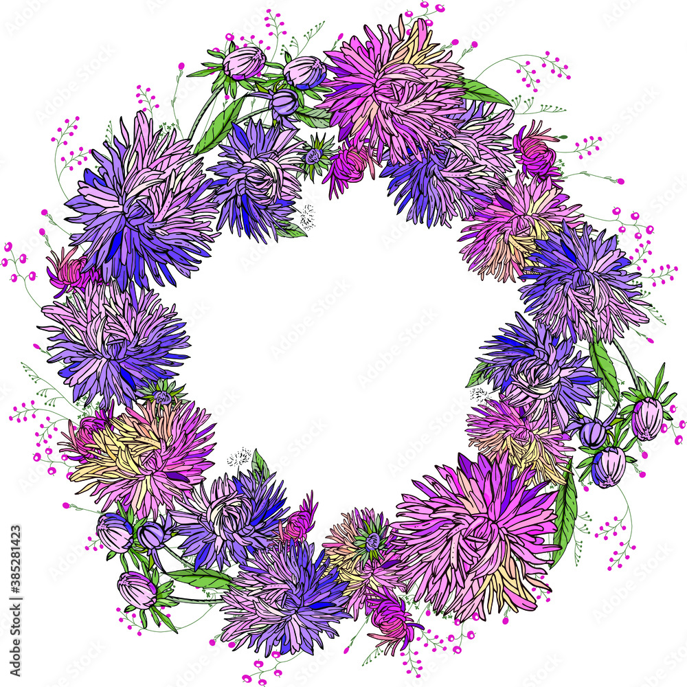 Round floral frame made of different asters. Round garland with space for your text for season design Round floral frame made of different asters. Round garland with space for your text for season design