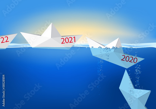 Carte de vœux 2021 montrant des bateaux en papier qui se succèdent à la queue leu leu, avant de couler à pic pour symboliser l’année qui s’achève et disparaît dans le passé.
