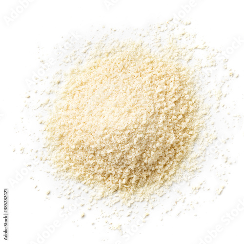 Heap of breadcrumbs isolated on white, from above
