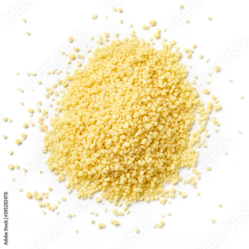 Heap of couscous isolated on white, from above photo