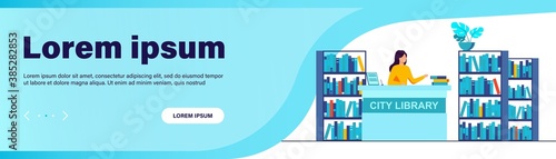 Female smiling librarian standing at counter. Book, shelf, paper flat vector illustration. City library and knowledge concept for banner, website design or landing web page