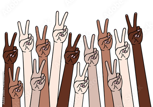 Female hands with peace sign, victory symbol, anti racism, vector illustration