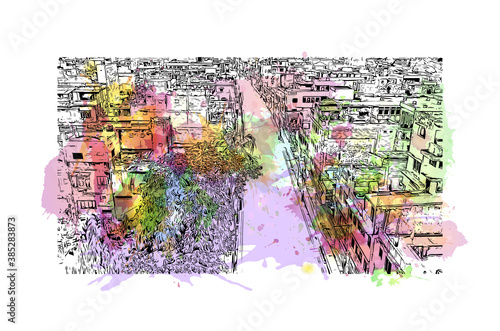 Building view with landmark of Biratnagar is a metropolitan city in Nepal. Watercolor splash with hand drawn sketch illustration in vector.