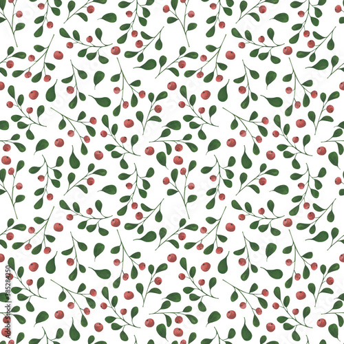 Hand-painted seamless pattern with forest lingonberry