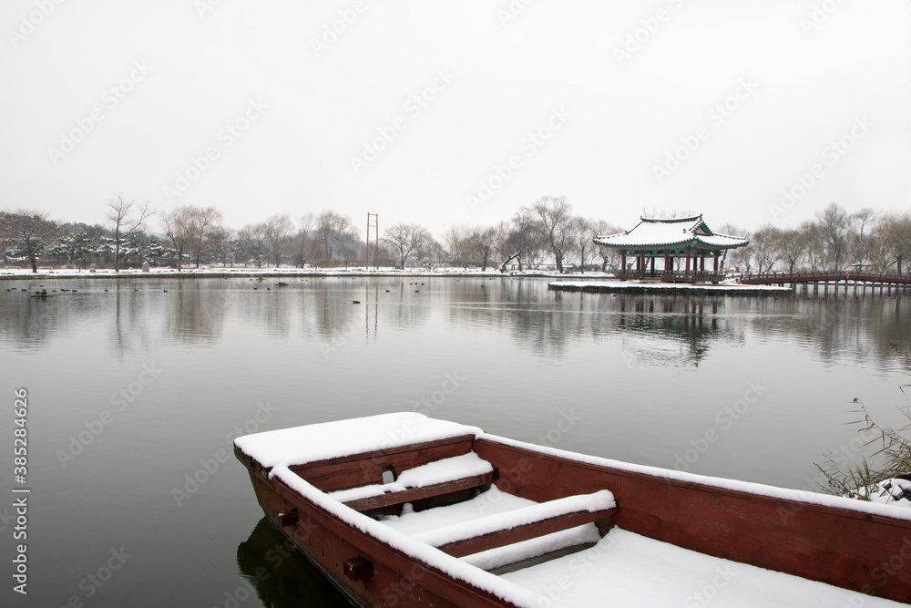 Beautiful winter landscape with Korean traditional house
