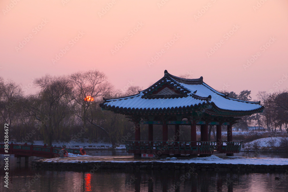 Beautiful winter landscape with Korean traditional house
