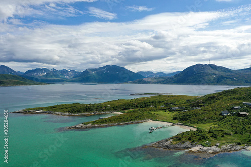 Drone view of beaches, mountains and ocean in Northern Norway