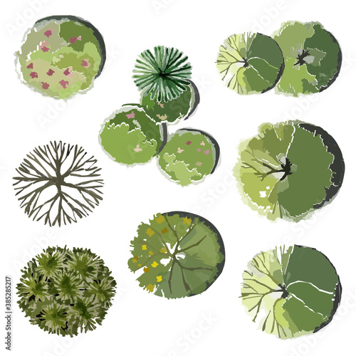 Vector Collection of abstract watercolor green tree top view isolated on white background for landscape plan and architecture layout drawing, elements for environment and garden. 
