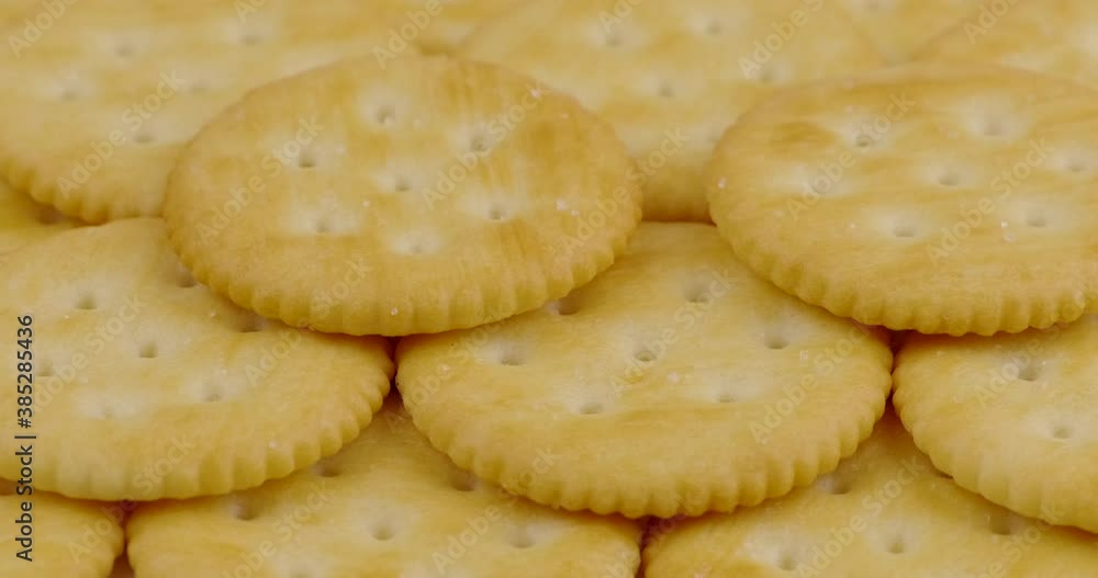 Truck shot of pile round cracker salted pattern. Delicious healthy food eating bread tasty for tuna spread. Truck shot of pile round cracker salted pattern. Delicious healthy food eating bread tasty for tuna spread.
