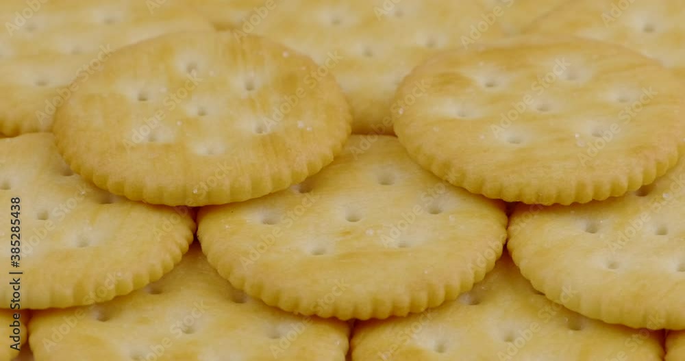 Truck shot of pile round cracker salted pattern. Delicious healthy food eating bread tasty for tuna spread. Truck shot of pile round cracker salted pattern. Delicious healthy food eating bread tasty for tuna spread.