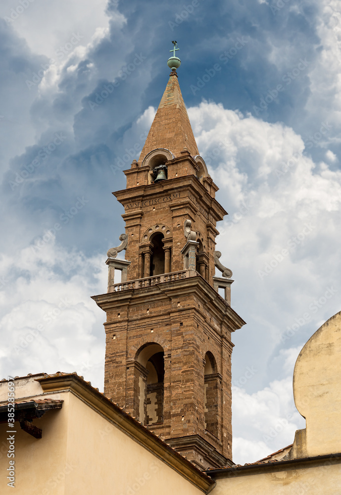 Basilica di Santo Spirito (Holy Spirit, 1444-1487) in Florence downtown, Tuscany, Italy, Europe. Close-up of the bell tower (1503-1570).