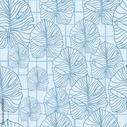 Random seamless doodle pattern with nature monstera outline print. Hawaii tropical ornament with blue contour and chequered background.