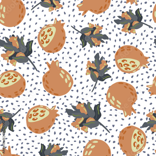 Pale seamless pattern with orange and blue ganet and branches print. White dotted background. Fruit simple backdrop.
