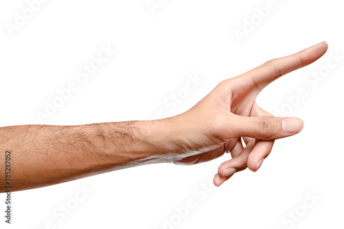 Male caucasian hand touching or pointing to something isolated on white background.