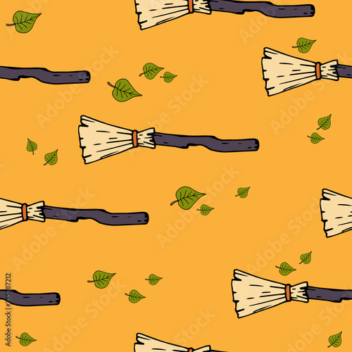 Happy Halloween vector seamless pattern. Broom background. Holiday colorful texture  for wrapping, wallpaper, textile, scrapbooking. Hand drawn vector illustration in doodle style