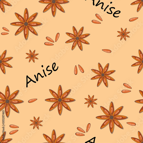 Seamless pattern with star anise. Print indian spice for decoration, design textile, fabric. Vector illustration. © Ann