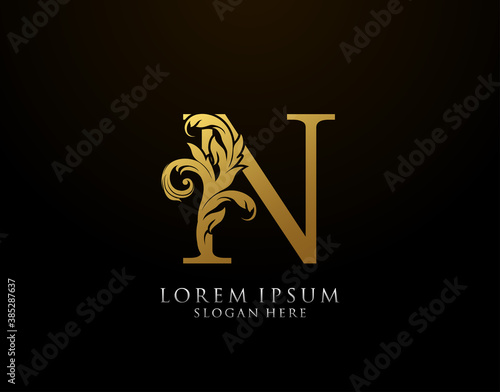 Classic N Letter Icon. Luxury Gold alphabet arts logo. Vintage drawn emblem for book design, brand name, stamp, Restaurant, Boutique, Notary, Hotel.