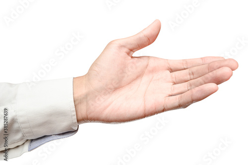Business male caucasian hand reach and ready to shake or assistance. Gesture isolated on white background.