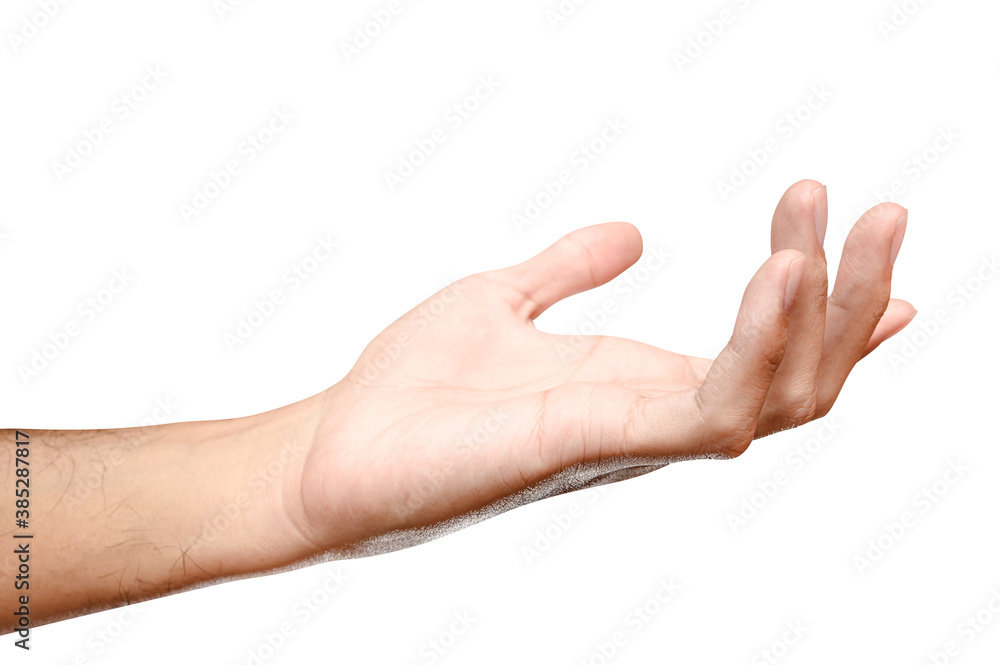 Male caucasian hand reach and ready to help or receive. Gesture isolated on white background. Male caucasian hand reach and ready to help or receive. Gesture isolated on white background.