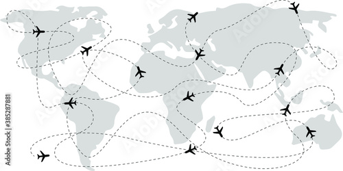 World Map Travelling Vector Background Concept with Plane Shapes. Flight routes world map design